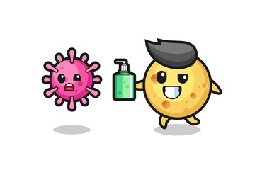 illustration of round cheese character chasing evil virus with hand sanitizer