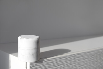 White Marble Pedestal Or Empty Stage For Product. Mockup. Template For Cosmetic. Abstract Podium With Hard Shadow