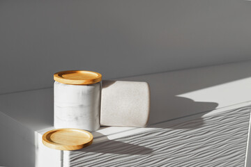 White Marble Pedestal Or Empty Stage For Product. Mockup. Template For Cosmetic. Abstract Podium With Wood Elements.