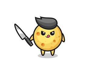 cute round cheese mascot as a psychopath holding a knife