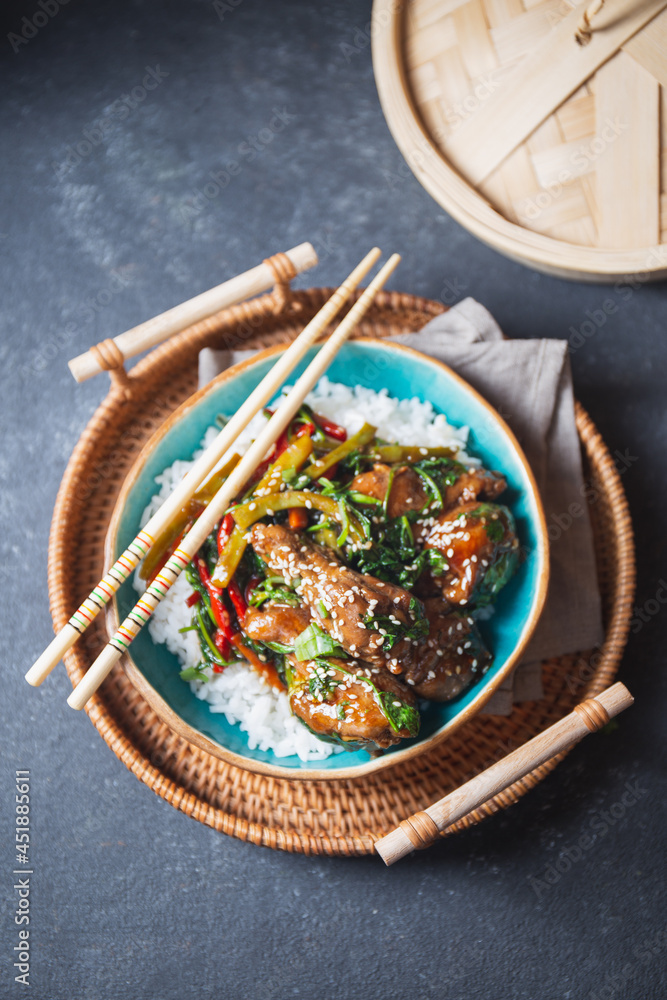 Wall mural teriyaki chicken with white rice. asian japanese food