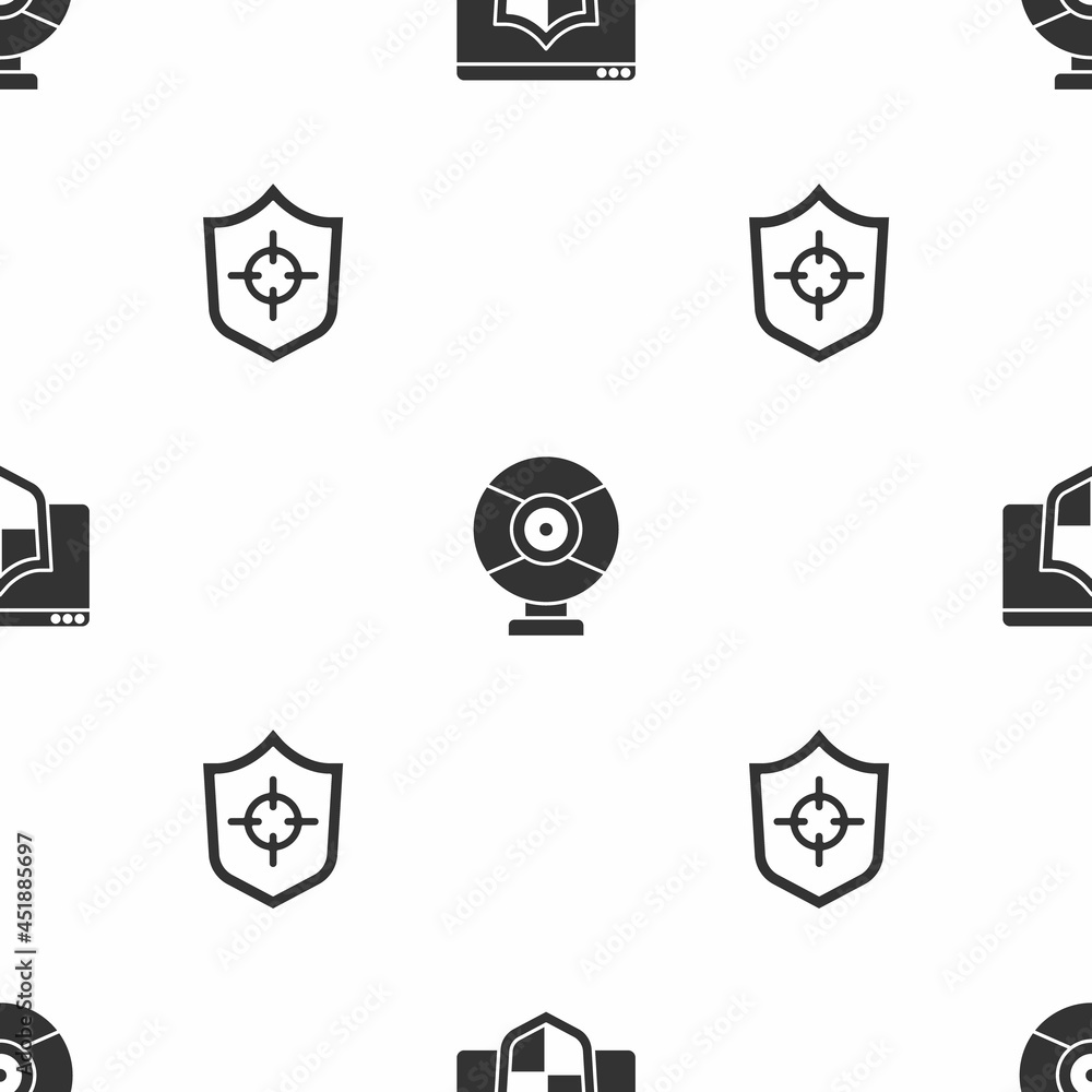 Poster Set Browser with shield, Security camera and Shield on seamless pattern. Vector