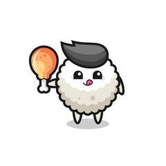 rice ball cute mascot is eating a fried chicken