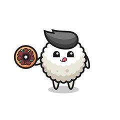 illustration of an rice ball character eating a doughnut