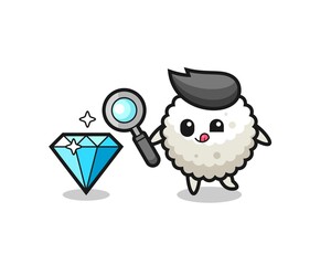 rice ball mascot is checking the authenticity of a diamond