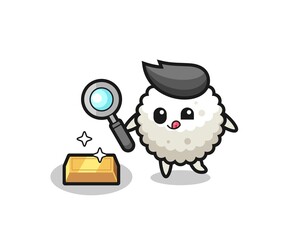 rice ball character is checking the authenticity of the gold bullion