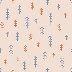 Fir forest hand draw seamless pattern. New Years, Christmas trees, holidays texture with pine tree. For printing baby textile, fabrics, design, decor, gift wrap. Isolated in background.