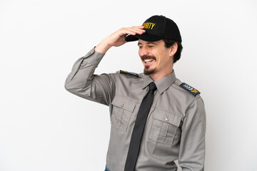Young caucasian security man isolated on white background has realized something and intending the solution
