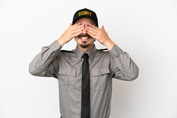 Young caucasian security man isolated on white background covering eyes by hands