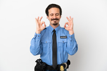 Young police man over isolated background white in zen pose