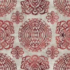 Seamless grungy tribal ethnic rug motif pattern. High quality illustration. Distressed old looking native style design in faded sun burnt red and cream colors. Old artisan textile seamless pattern.
