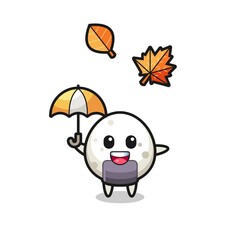cartoon of the cute onigiri holding an umbrella in autumn