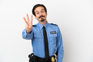 Young police man over isolated background white happy and counting three with fingers