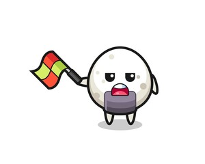 onigiri cartoon as the line judge hold the flag up at a 45 degree angle