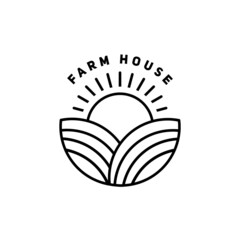 farm house logo in line style. sunrise logo on farm grass field