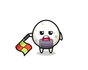 onigiri character as line judge hold the flag down at a 45 degree angle