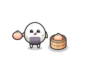 cute onigiri character eating steamed buns
