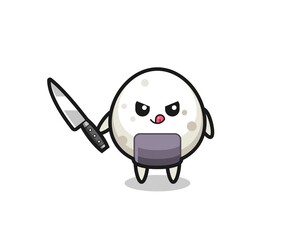 cute onigiri mascot as a psychopath holding a knife