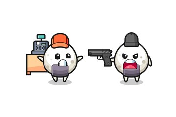 illustration of the cute onigiri as a cashier is pointed a gun by a robber