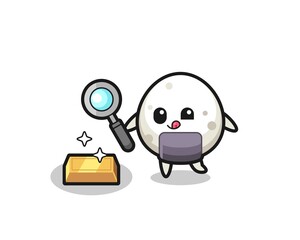 onigiri character is checking the authenticity of the gold bullion