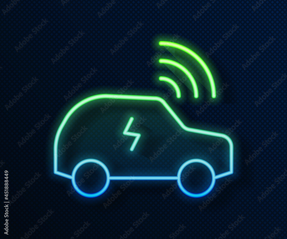 Poster glowing neon line smart car system with wireless connection icon isolated on blue background. remote