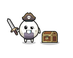 the onigiri pirate character holding sword beside a treasure box