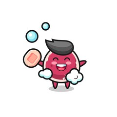 beef character is bathing while holding soap