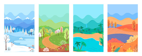 Four seasons of nature colorful vector banner illustration set