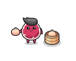cute beef character eating steamed buns