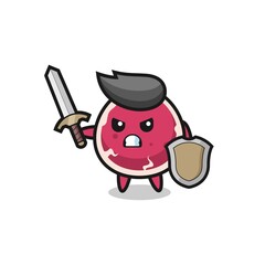 cute beef soldier fighting with sword and shield