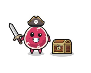 the beef pirate character holding sword beside a treasure box
