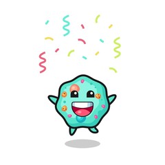happy amoeba mascot jumping for congratulation with colour confetti