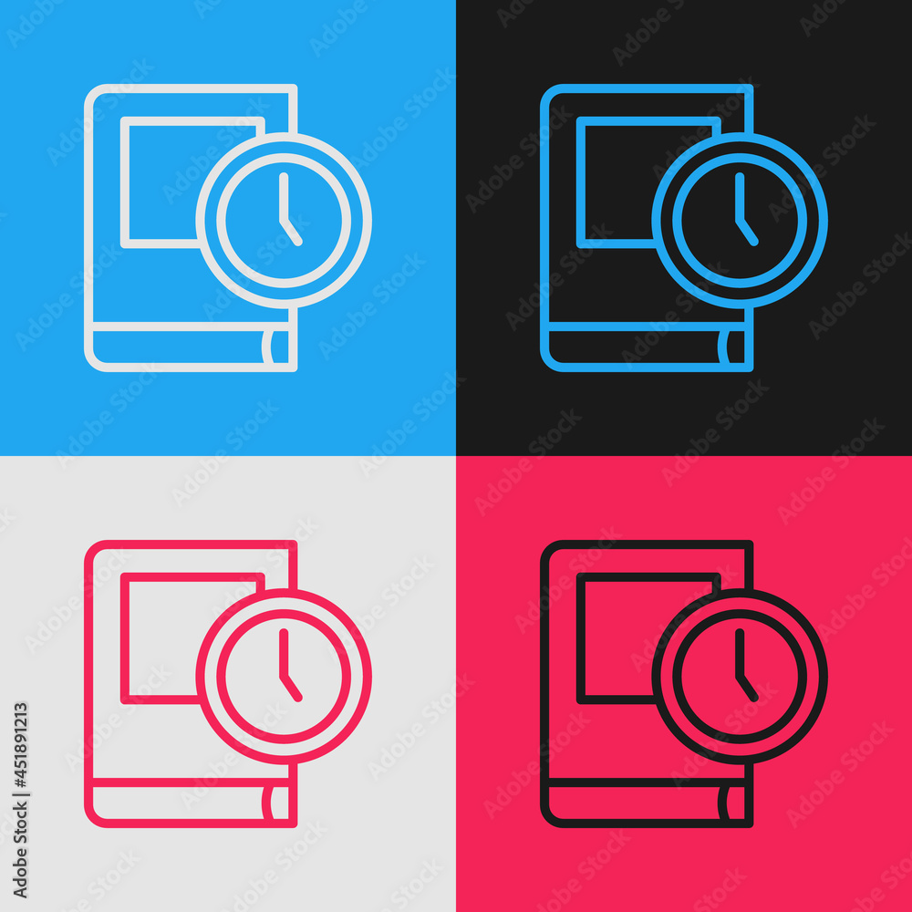 Poster pop art line time for book icon isolated on color background. vector