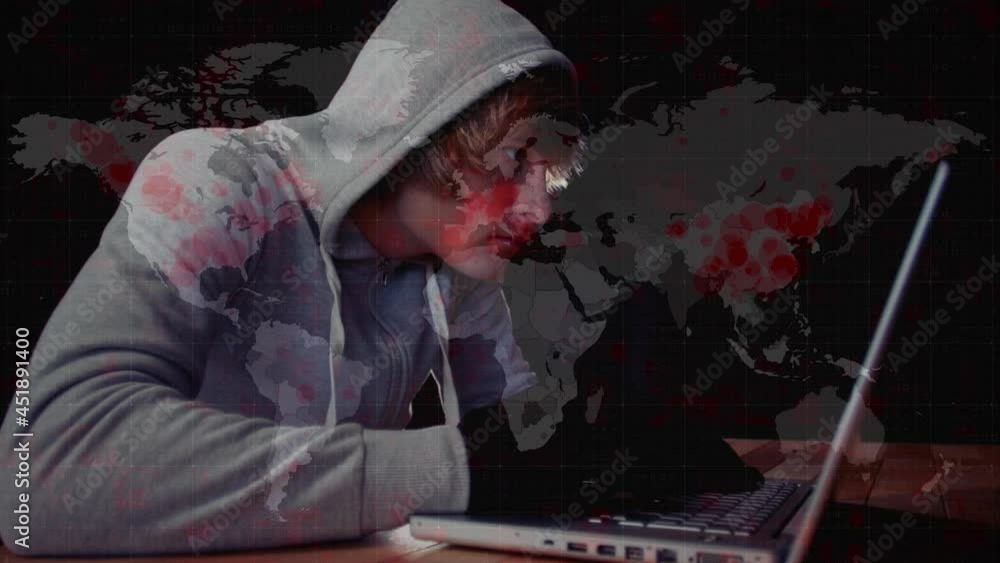 Poster animation of world map over hacker with laptop