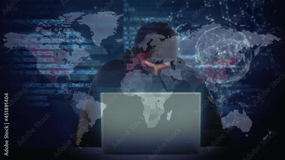 Poster animation of data processing over hacker with laptop