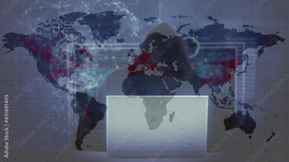 Poster animation of data processing over hacker with laptop