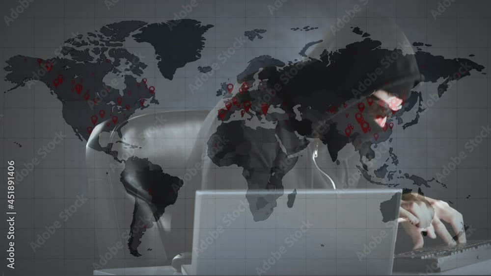 Poster animation of world map over hacker with laptop