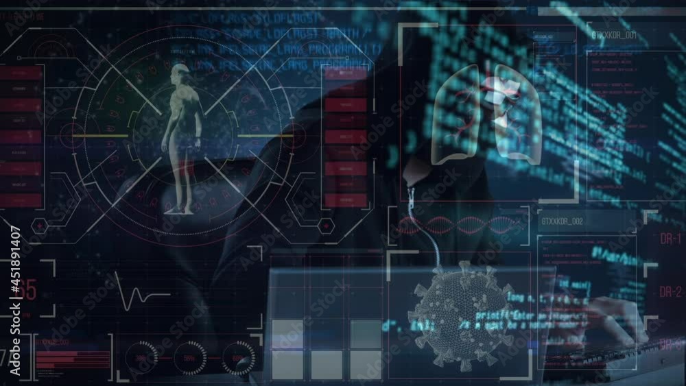 Poster animation of data processing over hacker with laptop