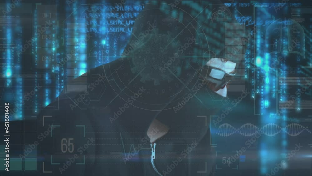 Poster animation of data processing over hacker with laptop