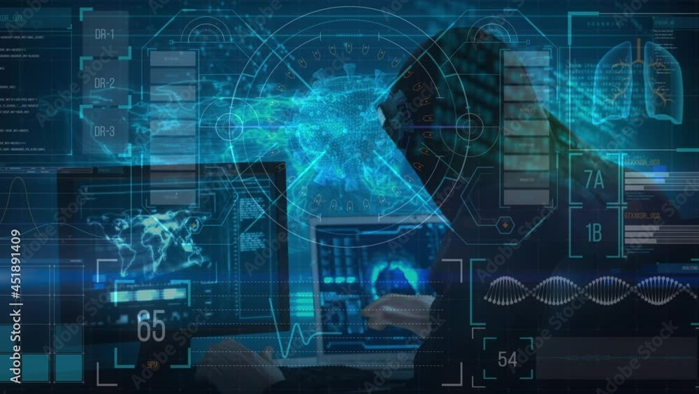 Poster animation of data processing over hacker with computer