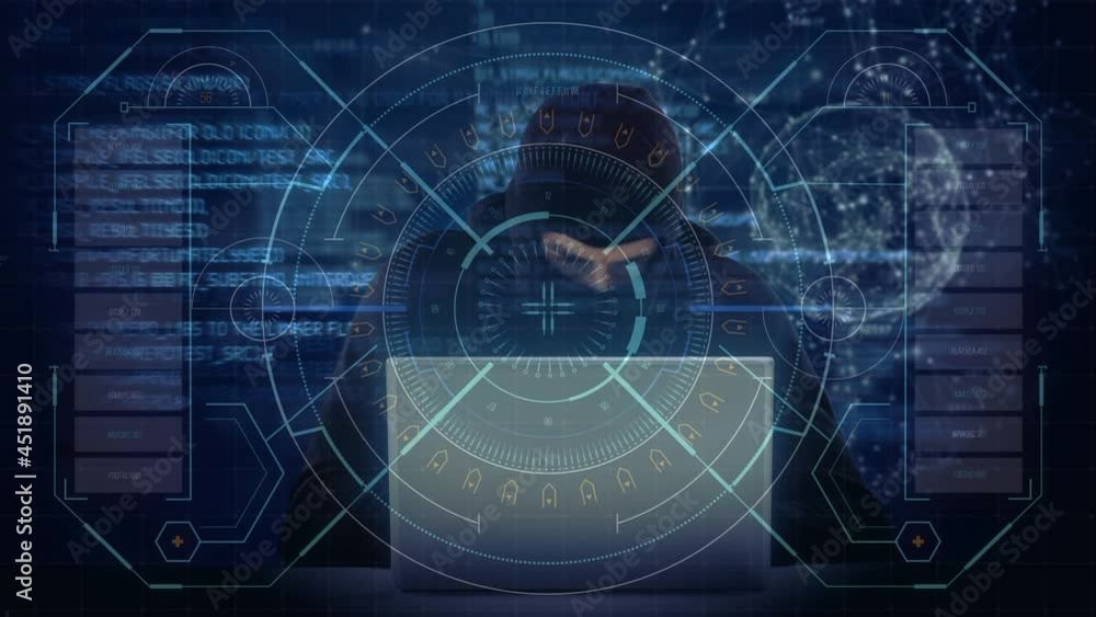 Poster animation of data processing over hacker with laptop