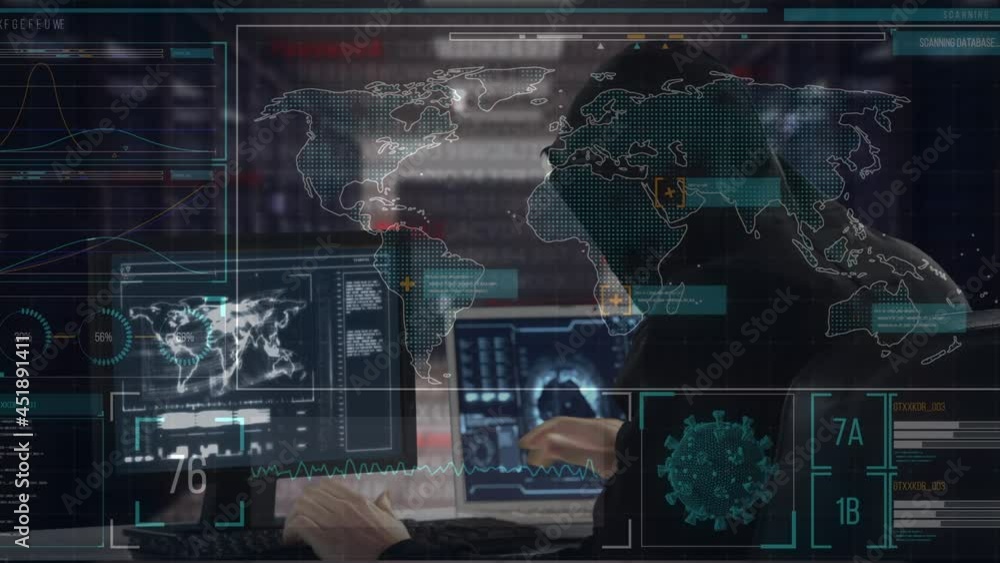 Poster animation of data processing over hacker with computer