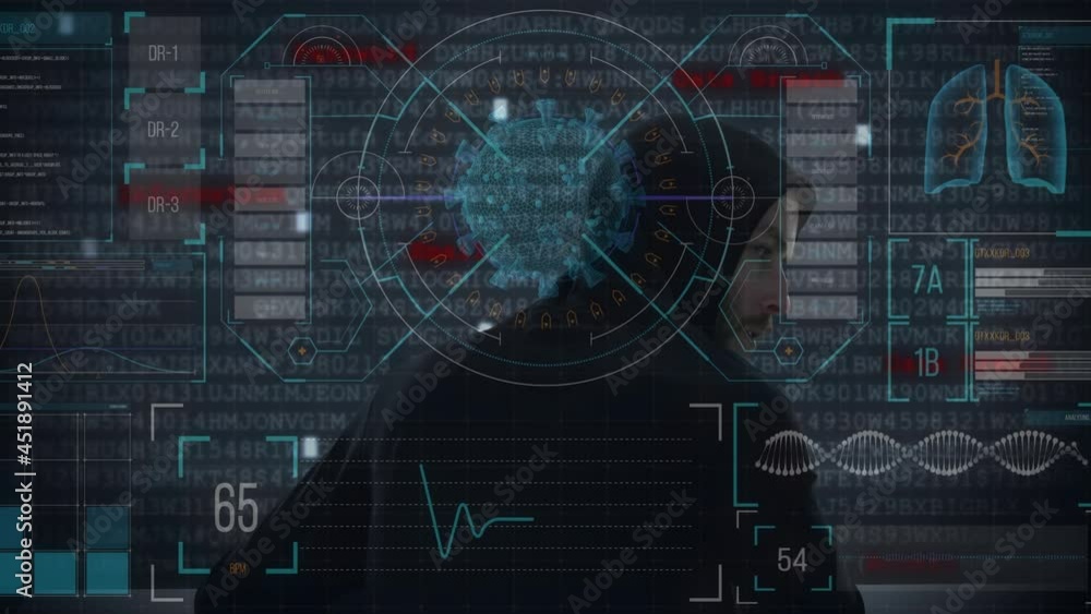 Poster animation of data processing over hacker with computer