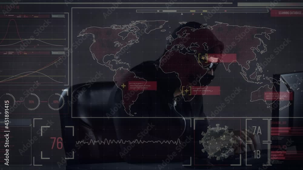 Poster animation of data processing over hacker with computer
