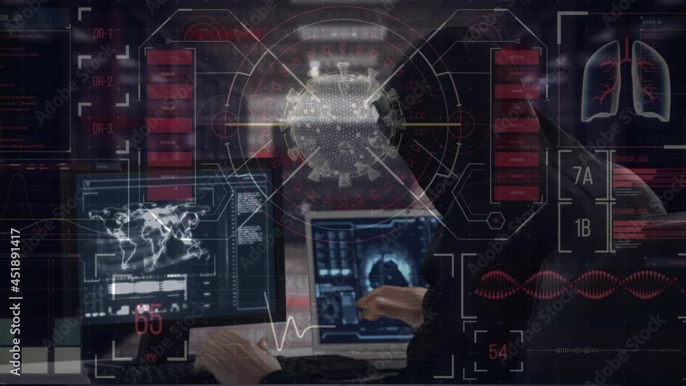 Poster animation of data processing over hacker with computer