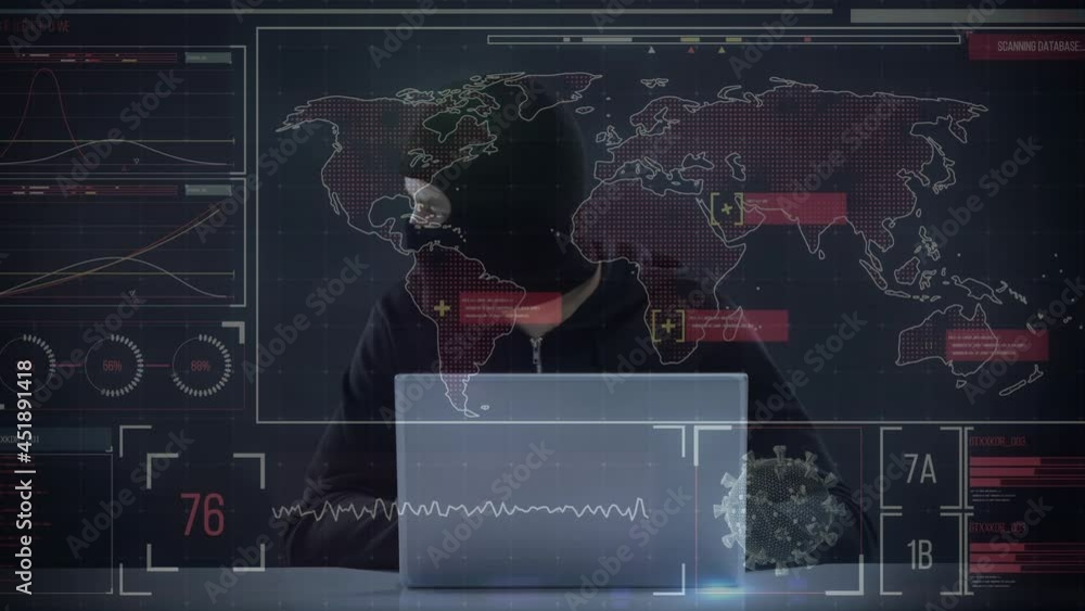 Poster animation of data processing over hacker with laptop