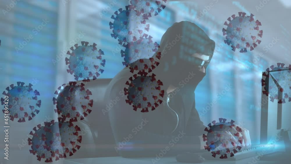 Poster animation of data processing and viruses over hacker with computer