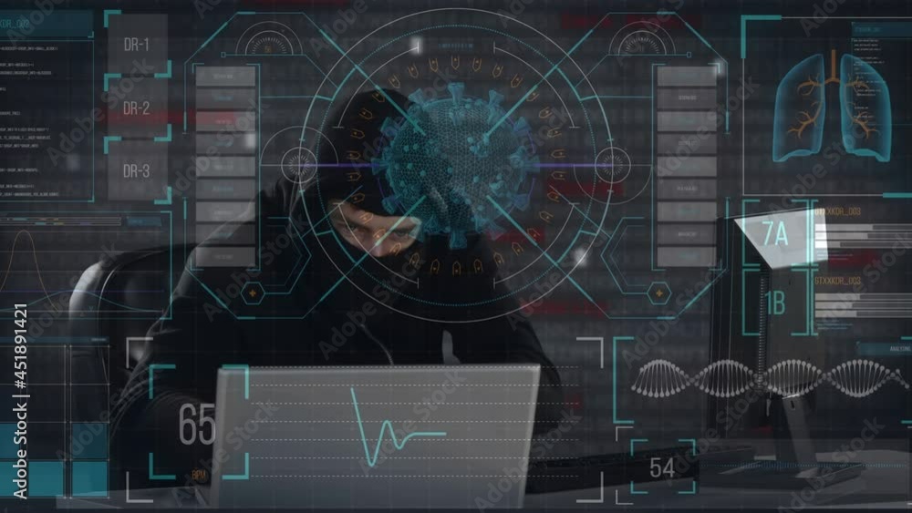 Poster animation of data processing over hacker with laptop