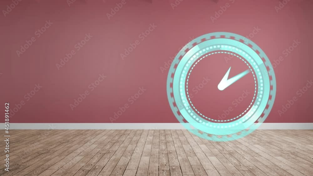 Poster animation of clock moving fast with copy space on red and wooden background