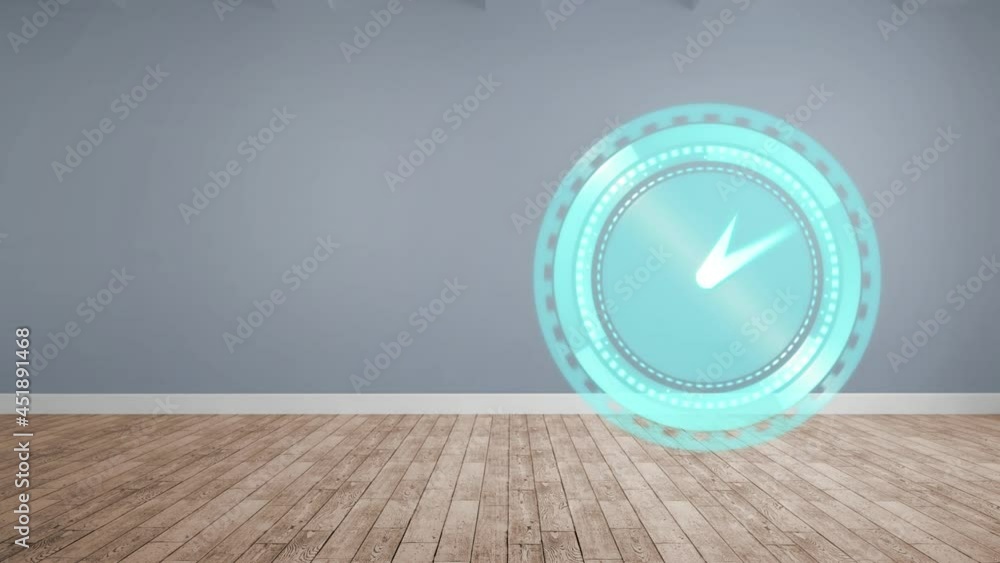 Poster animation of clock moving fast with copy space on grey and wooden background